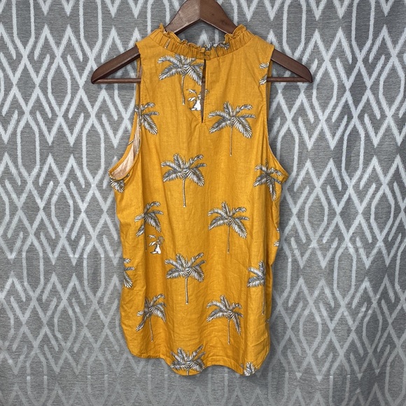 Ann Taylor Palm Print Linen Blouse Mock Neck Sleeveless Cutout V-Neck Yellow - Picture 2 of 3